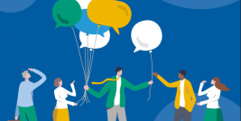 Die Illustration zeigt eine Menschengruppe mit Luftballons in Form von Sprechblasen.