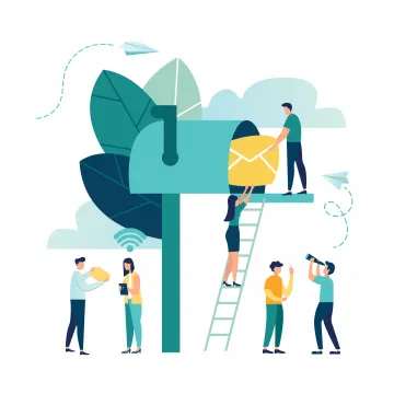 Mehrere Personen interagieren mit einer übergroßen Briefkasten-Illustration, indem sie Briefe hineinlegen oder Papierflieger starten. Im Vordergrund tauschen zwei Personen Dokumente aus, während andere beobachten oder kommunizieren.