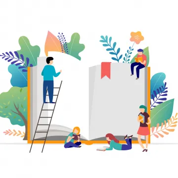 Fotocredit: Marina Zlochin Mehrere Personen beschäftigen sich mit einem übergroßen offenen Buch, umgeben von Pflanzen und dekorativen Elementen. Einige lesen oder schreiben, während eine Person auf einer Leiter steht und eine andere das Buch betrachtet.