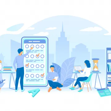 Menschen beantworten auf einem elektronischen Gerät eine Umfrage