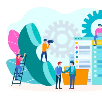 Mehrere Personen arbeiten gemeinsam an Aufgaben, dargestellt durch Symbole wie ein großes Telefonhörer, Zahnräder und eine Liste. Zwei Personen geben sich die Hand, während andere fotografieren oder am Laptop arbeiten.