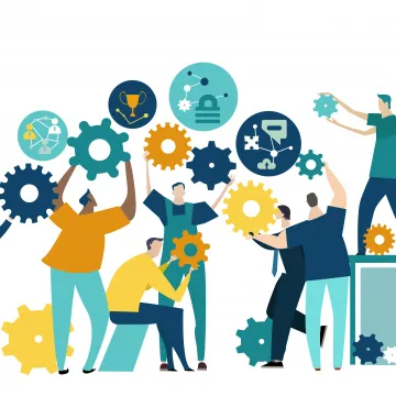 Fotocredit: IRStone-AdobeStock Die Illustration zeigt mehrere Personen, die gemeinsam große Zahnräder bewegen und anordnen, um Prozesse oder Systeme darzustellen. Über den Zahnrädern befinden sich Symbole wie Trophäe, Schloss und Uhr, die Ziele, Sicherheit und Zeitmanagement symbolisieren.