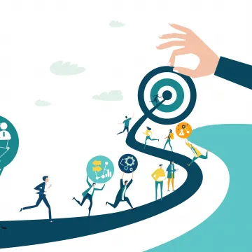 Die Illustration zeigt mehrere Personen, die auf einem geschwungenen Weg in Richtung einer großen Zielscheibe laufen, die von einer Hand gehalten wird. Jede Person trägt ein Symbol für Themen wie Vernetzung, Analyse oder Strategie, was den Weg zu gemeinsamen Zielen darstellt.
