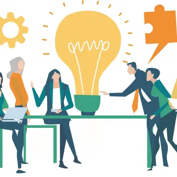 Fotocredit: IRStone-AdobeStock Die Illustration zeigt eine Gruppe von sechs arbeitenden Menschen beim Tisch. In der Mitte des Tisches steht eine große Glühbirne.