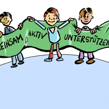 5Personensindzusehen,dieeinenBannermitSchrifthalten