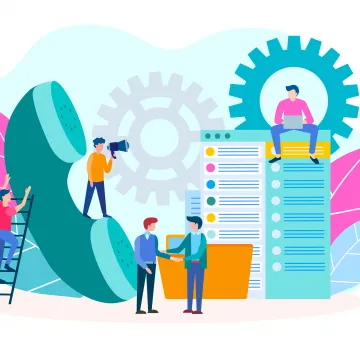 Fotocredit: Rut Alisa Mehrere Personen arbeiten gemeinsam an Aufgaben, dargestellt durch Symbole wie ein großes Telefonhörer, Zahnräder und eine Liste. Zwei Personen geben sich die Hand, während andere fotografieren oder am Laptop arbeiten.