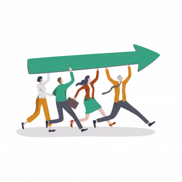 Die Illustration zeigt vier laufenden Menschen, welche einen Pfeil gemeinsam tragen