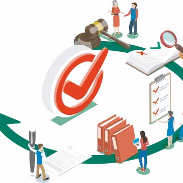 Die Illustration zeigt mehrere Personen, die in einem Kreislauf aus Dokumenten, Ordnern und Checklisten arbeiten, begleitet von Symbolen wie einem Richterhammer und einem großen Häkchen. Der grüne Pfeil verbindet die einzelnen Schritte und verdeutlicht einen strukturierten Prüf- oder Genehmigungsprozess.