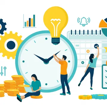 Die Illustration zeigt eine große Uhr umgeben von Symbolen für Organisation und Produktivität wie Zahnräder, Münzen, Kalender und Diagramme. Drei Personen interagieren mit diesen Elementen, indem sie eine Uhr einstellen, am Laptop arbeiten und Aufgaben abhaken.