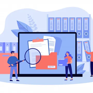 Die Illustration zeigt drei Personen, die mit digitalen und physischen Ordnern arbeiten, während ein großer Bildschirm Dokumente und eine offene Mappe darstellt. Eine Person hält eine Lupe, um Details zu prüfen, während die anderen Unterlagen sortieren.