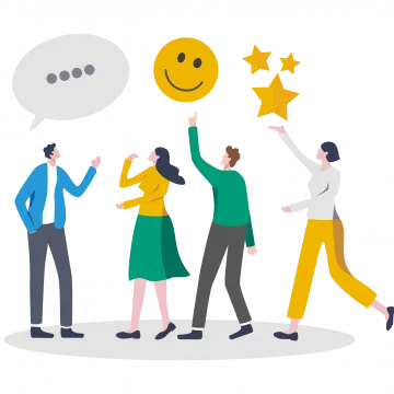 Die Illustration zeigt vier Personen, die Symbole für Kommunikation, Zufriedenheit und Bewertung wie eine Sprechblase, ein Smiley und Sterne präsentieren. Das Motiv steht für Feedback und positive Interaktion.