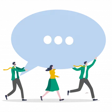 Die Illustration zeigt drei Personen, die gemeinsam eine große Sprechblase tragen, in der drei Punkte abgebildet sind. Das Motiv symbolisiert Kommunikation und Austausch.