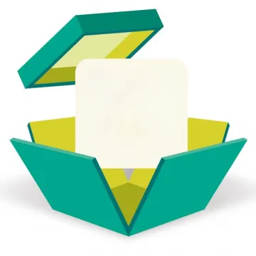 Die Grafik zeigt eine türkisene aufgehende Kartonbox, welche ein weißes herausspringendes Quadrat enthält.