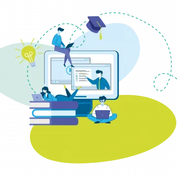 Die Illustration zeigt mehrere Personen, die mit Laptops und Büchern rund um einen großen Bildschirm arbeiten, auf dem Lerninhalte dargestellt sind. Symbole wie eine Glühbirne und ein Abschlusshut stehen für Ideen und Weiterbildung.
