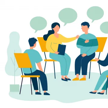 Fotocredit: Bro Vector Vier Personen sitzen im Kreis und führen ein Gespräch, dargestellt durch Sprechblasen. Eine Person hält ein Klemmbrett, während die anderen aufmerksam zuhören und sich austauschen.