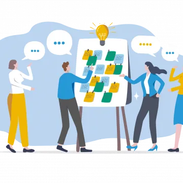 Die Illustration zeigt vier Personen, welche um ein Flipchart herum stehen und gemeinsam sprechen.