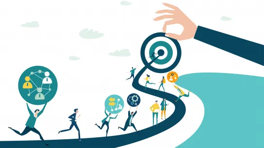 Die Illustration zeigt mehrere Personen, die auf einem geschwungenen Weg in Richtung einer großen Zielscheibe laufen, die von einer Hand gehalten wird. Jede Person trägt ein Symbol für Themen wie Vernetzung, Analyse oder Strategie, was den Weg zu gemeinsamen Zielen darstellt.