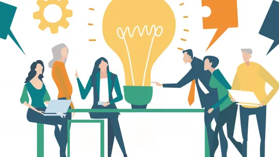 Die Illustration zeigt eine Gruppe von sechs arbeitenden Menschen beim Tisch. In der Mitte des Tisches steht eine große Glühbirne.