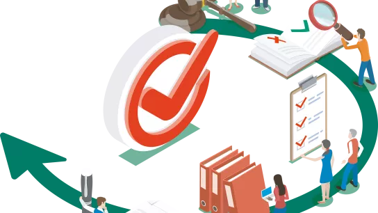 Die Illustration zeigt mehrere Personen, die in einem Kreislauf aus Dokumenten, Ordnern und Checklisten arbeiten, begleitet von Symbolen wie einem Richterhammer und einem großen Häkchen. Der grüne Pfeil verbindet die einzelnen Schritte und verdeutlicht einen strukturierten Prüf- oder Genehmigungsprozess.