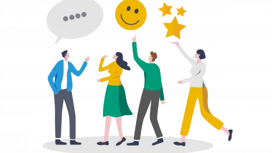 Fotocredit: NuthawutSomsuk-iStock Die Illustration zeigt vier Personen, die Symbole für Kommunikation, Zufriedenheit und Bewertung wie eine Sprechblase, ein Smiley und Sterne präsentieren. Das Motiv steht für Feedback und positive Interaktion.