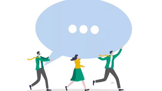 Die Illustration zeigt drei Personen, die gemeinsam eine große Sprechblase tragen, in der drei Punkte abgebildet sind. Das Motiv symbolisiert Kommunikation und Austausch.