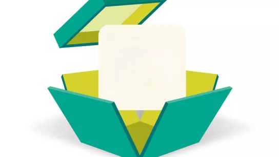 Die Grafik zeigt eine türkisene aufgehende Kartonbox, welche ein weißes herausspringendes Quadrat enthält.